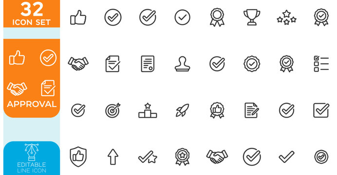 Approval line editable Vector illustration icon set. Approved line icons, including except, thumbs up, approval, validation, agreement, check mark, ok, agreement, stamp, certified.