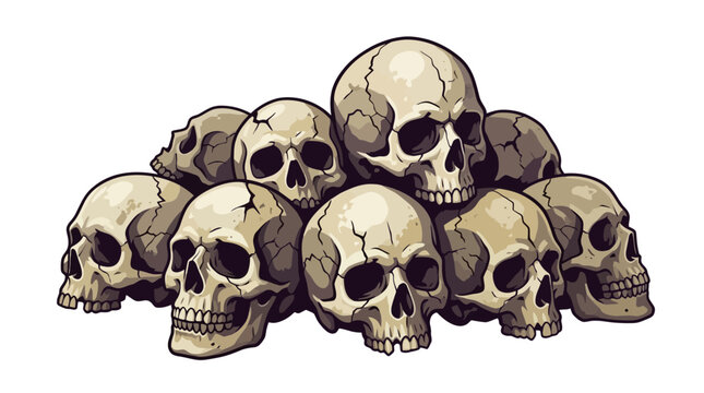 A pile of weathered human skulls stacked together.