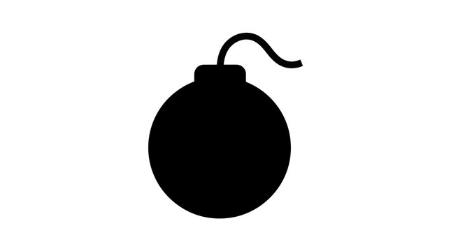 This image depicts a stark black silhouette of a classic bomb featuring a rounded body and a protruding fuse against a clean