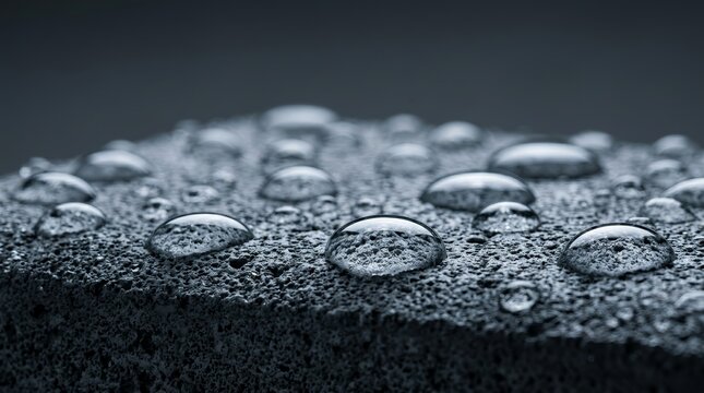 Macro view of water droplets on concrete showing moisture protection and waterproofing.