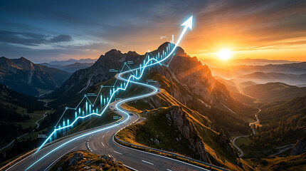 Fototapeta premium Financial growth concept with glowing upward stock chart over mountain road