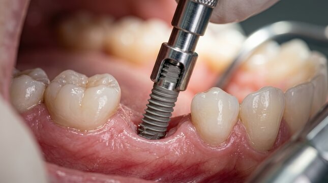 Macro shot of a dental implant screw procedure showing the titanium screw in the gingiva.