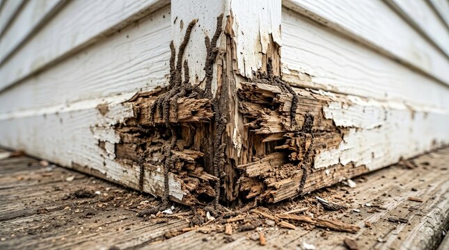 Structural deterioration of wooden baseboard due to termite infestation and wood decay.