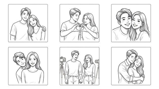 A set of six black and white illustrations of couples in various poses