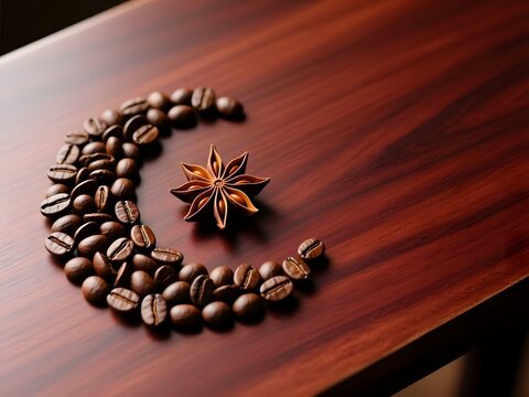 Roasted coffee beans in crescent moon shape with star anise. Islamic Ramadan symbol on dark wood table. Coffee art for cafe menu.