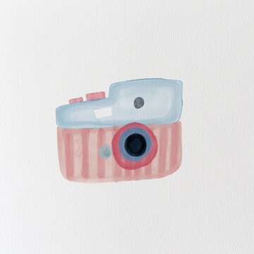 A soft watercolor illustration of a vintage camera with pastel blue and pink tones on textured paper. Ideal for scrapbooking, photography blogs, and creative design projects.