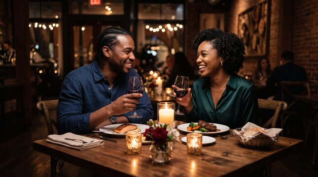 Couple enjoys romantic dinner date at upscale restaurant with wine and candlelight