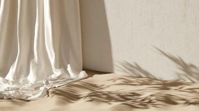Soft drapery cascades onto sandy floor with palm leaf shadows