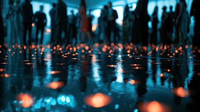 Reflective floor with glowing lights and blurred figures at an event