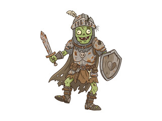 Fototapeta premium Cartoon illustration of a medieval knight zombie holding a sword and shield.