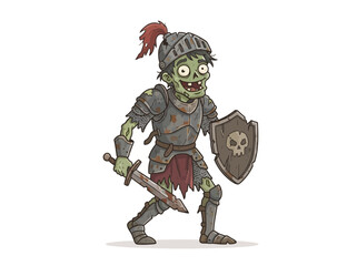 Fototapeta premium A cartoon illustration of a green undead zombie knight wearing armor and holding a sword and shield.
