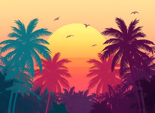 Vibrant retro tropical palm trees sunset silhouette vector background