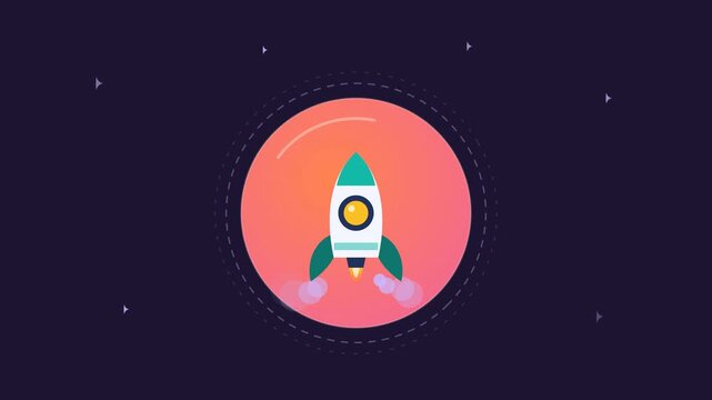 Animated rocket launching inside circular gradient background with stars for startup business growth concept loop