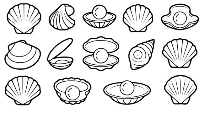 Seashells and Pearls Line Art Icons Set, Oyster Shell Collection