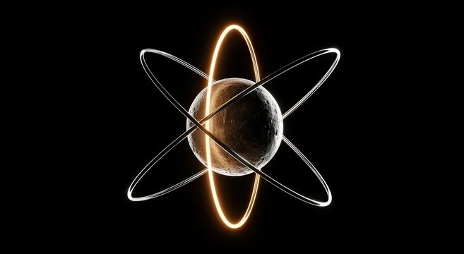 Glowing rings orbit a textured sphere against a dark backdrop