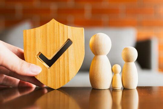 Hand holding wooden shield with checkmark near family figures for life insurance coverage, home safety protection, healthcare guarantee, retirement planning, and household welfare banner.