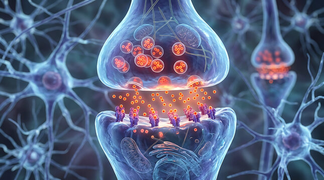 3d render illustration of a chemical synapse with neurotransmitters in a brain