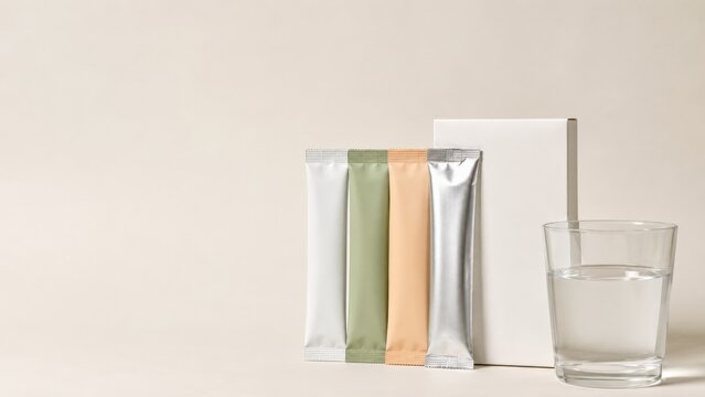 Four blank supplement stick packs and box with water glass