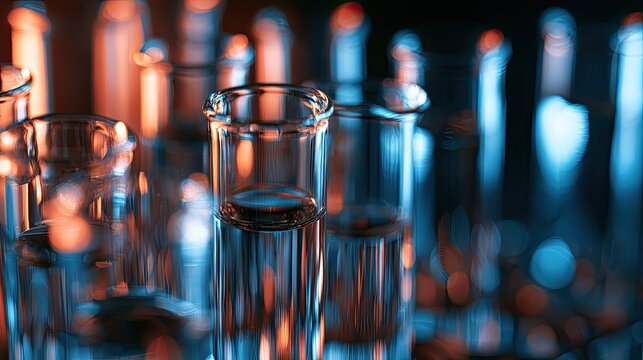 Laboratory vials illuminated with red and blue light, creating an abstract glow