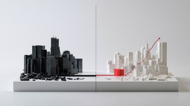 Split cityscape, dark decay on left, bright growth on right with red arrow