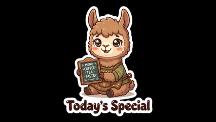 Naklejka premium Cute cartoon llama holding a chalkboard sign with 'Today's Special' text.