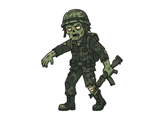 Naklejka premium Cartoon zombie soldier character holding a rifle in a combat uniform.