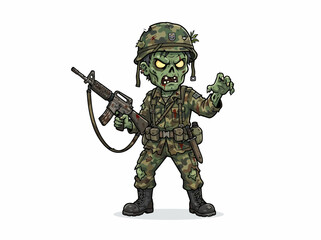 Naklejka premium Cartoon illustration of a fierce undead zombie soldier holding a rifle.
