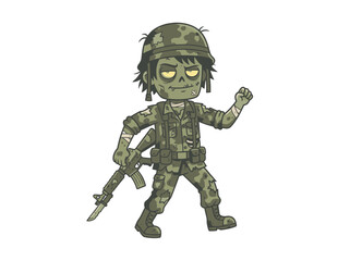 Naklejka premium Cartoon illustration of a zombie soldier character in camouflage uniform holding a rifle.