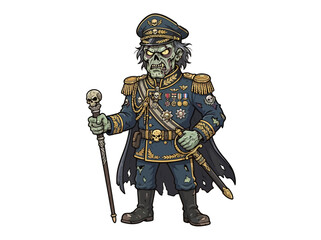Fototapeta premium An undead military general character standing with a skull topped cane and sword.