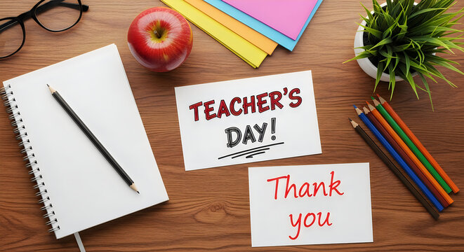 Teachers day concept with school supplies and thank you notes on wooden desk