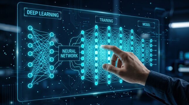 A futuristic interface displays complex data visualization showcasing the potential of holographic technology and interactive digital experiences