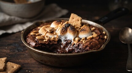 Fototapeta premium Chocolate s mores skillet brownie topped with toasted marshmallows and salted peanuts for dessert.
