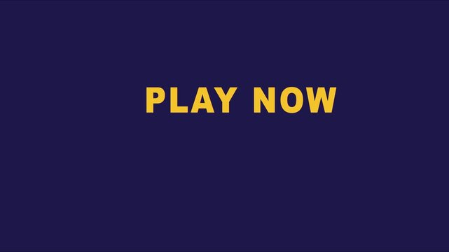Play now button animation with bold yellow typography on a minimalist dark blue 4k background, for digital ui, and gaming interfaces