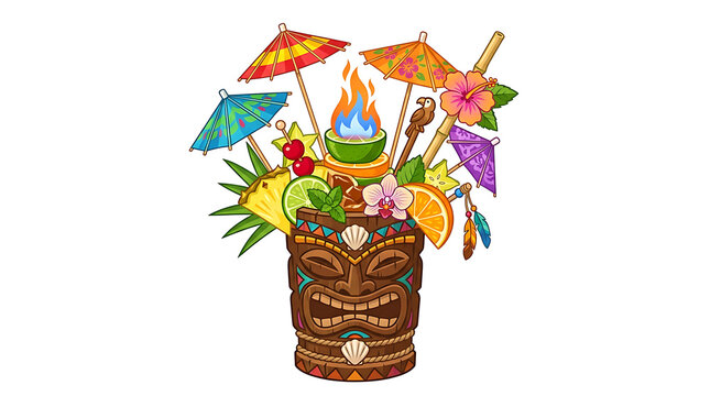 Exotic Tiki Cocktail in a Carved Wooden Mug with Flaming Garnish and Tropical Fruits