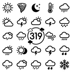 Obraz premium Weather Icons Set: Sun, Clouds, Rain, Snow, Storm, Wind, Moon, Thermometer