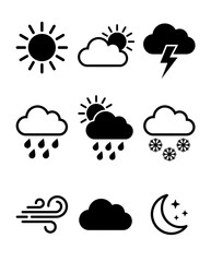 Obraz premium Weather Icons Set: Sun, Clouds, Rain, Snow, Storm, Wind, Night Sky