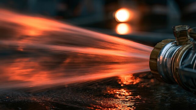 Intense stream of fiery liquid shoots from a hose nozzle, creating reflections