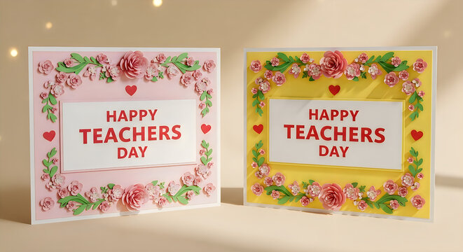 Happy Teachers Day cards with floral frames and hearts 3d rendering illustration
