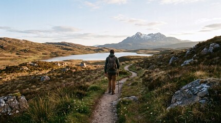 Fototapeta premium Man hiking on a scenic trail towards a mountain lake and snow capped peaks in the distance