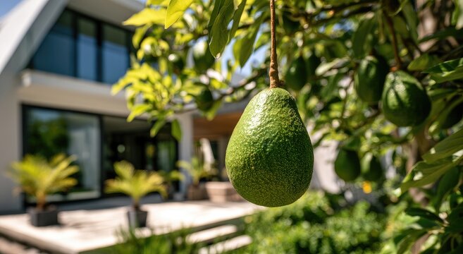Ripe avocado hanging from tree with modern home in background