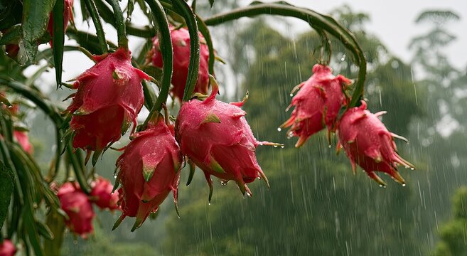 Bright pink dragon fruits hang from branches, glistening in the rain