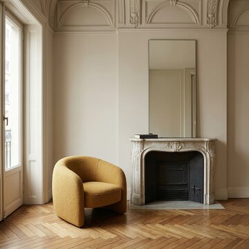 Sophisticated Parisian living room with mustard yellow armchair, marble fireplace and herringbone parquet floor beneath ornate molding