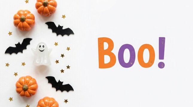 Halloween themed decorative elements with spooky ghost and pumpkins arrangement