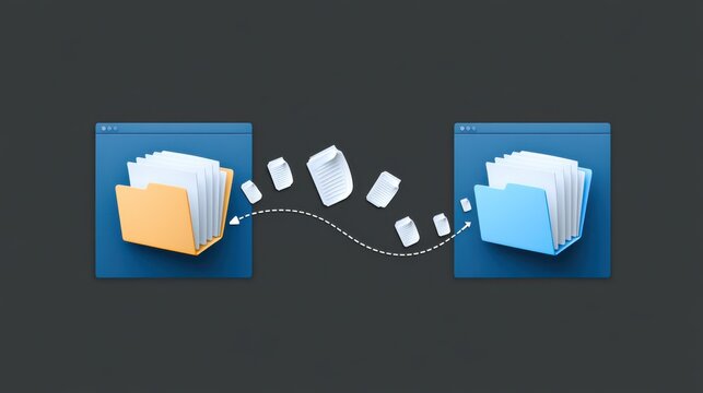 Two digital folders exchanging documents, symbolizing file transfer or data sharing between computers.