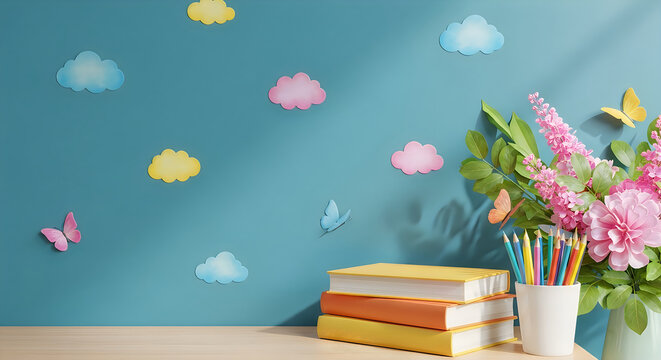 Pastel clouds butterflies flowers and school supplies on a teal background