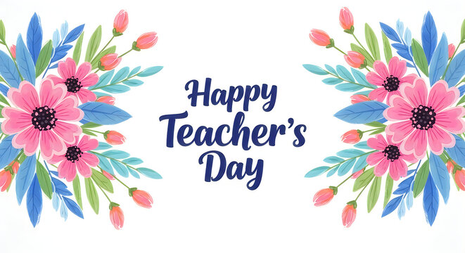 Watercolor floral arrangement with happy teachers day calligraphy for greeting cards