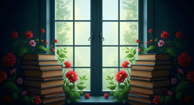 Window view with blooming flowers and stacked books creating a cozy reading nook illustration