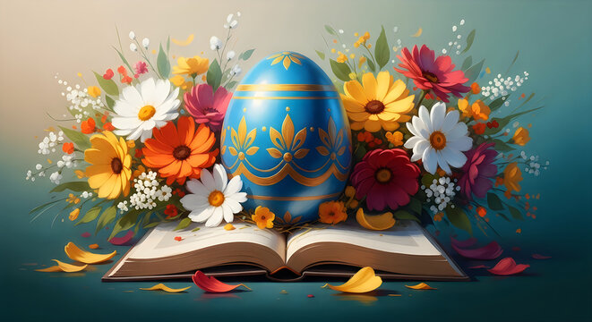 Decorated easter egg nestled in wildflowers and an open storybook spring celebration