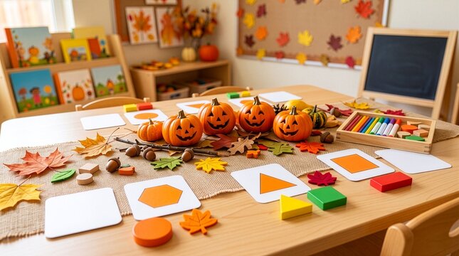 Halloween Preschool Learning Scene with Friendly Pumpkins, Autumn Leaves, Geometric Shapes and Blank Educational Cards