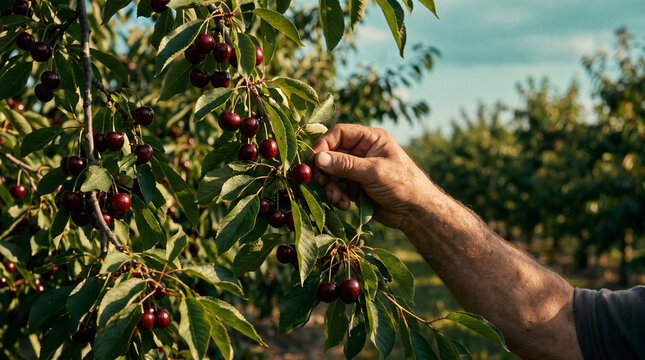 Hands of a man picking a red cherries in the farm
